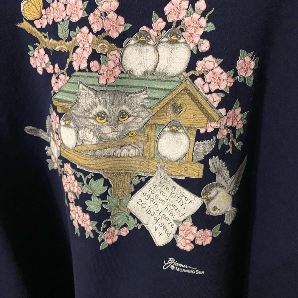 Vintage 90s Morning Sun Collared Sweatshirt Cat and Birds - Picture 3 of 4